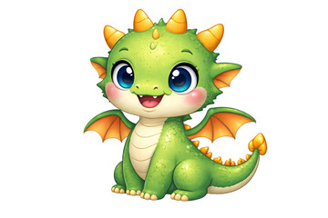 Fototapeta premium Cute green baby dragon character. Kids designs. Fantasy projects. Lunar New Year visuals.