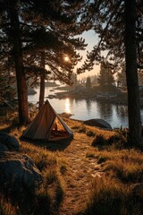 Tranquil Lakeside Camping at Sunrise with Tent Nestled Among Tall Trees