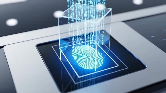 Futuristic technology concept showing fingerprint scanning with digital data stream and transparent cube.