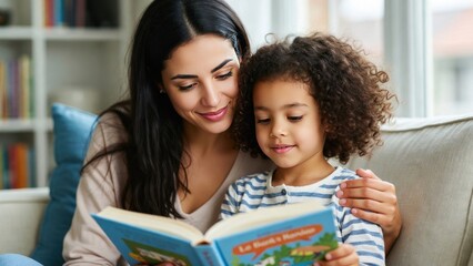 Obraz premium Young hispanic female reading storybook with child on couch at home