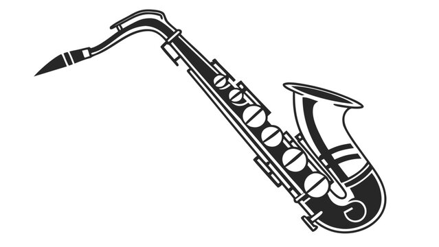 A black and white illustration of a saxophone with musical instrument design