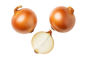 Three whole yellow onions, one fresh cut wedge with translucent layers, arranged on a transparent background, top-down view, sharp focus. Concept of essential food ingredients