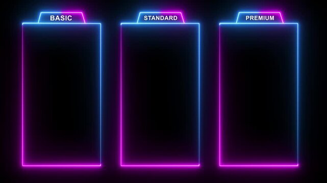 glowing neon two color Basic, Standard, and Premium Package subscription tiers, Animation. Pricing and Features, Pricing plans table, pricing chart, price list for web or app tech concept.