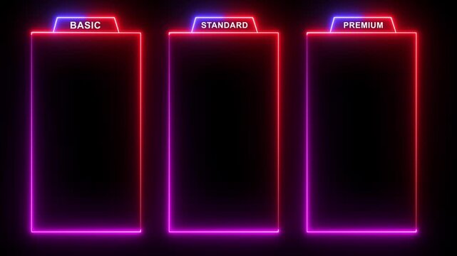 glowing neon two color Basic, Standard, and Premium Package subscription tiers, Animation. Pricing and Features, Pricing plans table, pricing chart, price list for web or app tech concept.