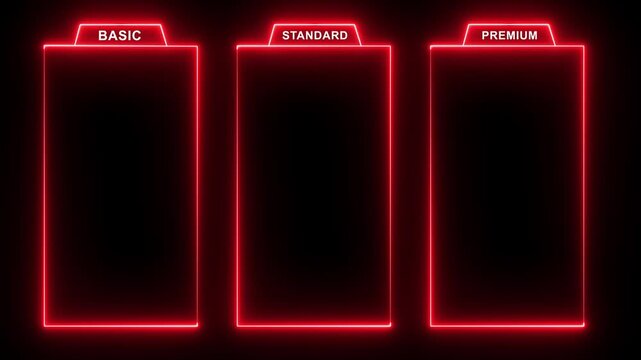 glowing neon red Basic, Standard, and premium Package subscription tiers, Animation. Pricing and Features, Pricing plans table, pricing chart, price list for web or app tech concept 4k video.