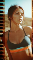Young Woman in Sportswear Outdoors, Sunlit, Vintage Film Look, Fitness Lifestyle Portrait