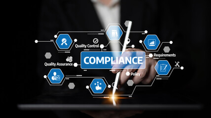 An engaging representation of a compliance management system featuring digital icons and a hand holding a stylus on a tablet. Perfect for business and technology themes. Tessel