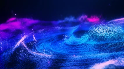 Fototapete Dunkelblau Abstract moving blue futuristic landscape of particles and dots of energetic magic with glow and blur effect, abstract background  © Bolbik