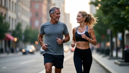 Caucasian mature male and young female jogging together on city street