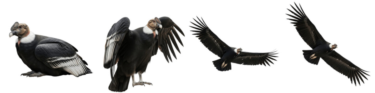 Andean Condor Flying Set Transparent PNG Isolated On White Background Largest Raptor Wings Spread Perched Vulture Scavenger Bird Nature Elements Wildlife