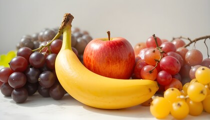 Fresh fruit breakfast with apple, banana, and grapes, bright natural light, white background