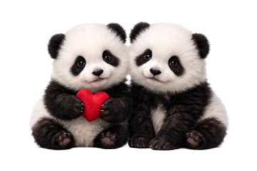 Two pandas holding a red heart for Valentine’s Day. Valentine designs. Love themed projects. Romantic holiday visuals.
