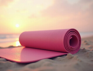 Rolled Pink Yoga Mat on Sandy Beach at Pink Sunrise Horizon
