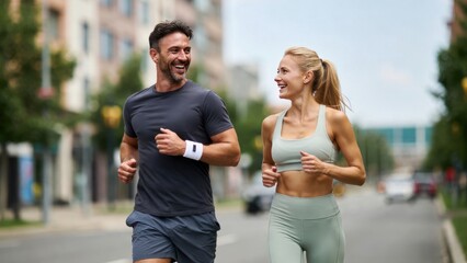 Young caucasian couple jogging outdoors on urban street