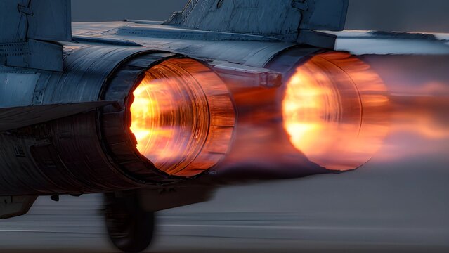 Jet engine raw fire turbine power. Afterburners of a jet engine in operation. F18 dual afterburning turbofan engines of a supersonic military fighter jet. Heat aircraft exhaust nozzles afterburners. 