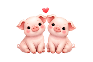 Two piglets with heart above. Valentine designs. Love themed projects. Romantic holiday visuals.