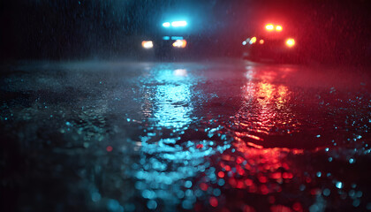 Obraz premium Flashing red and blue police lights reflecting on wet asphalt with rain ripples in a cinematic night loop, illustrating crime scene and emergency concepts