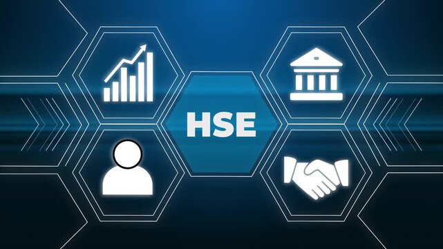 Young Woman Touches Virtual Hse Display With Health Safety and Environment Icons on Dark Background Focused on Industrial Risk Management and Protection