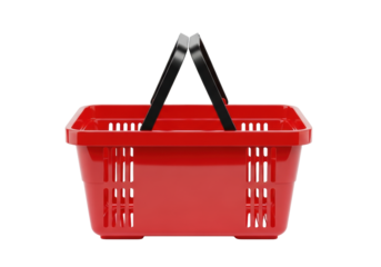 A sleek, modern, empty red plastic shopping basket with curved black handles, isolated on a transparent background with ample copy space, bright studio lighting, e-commerce product display concept