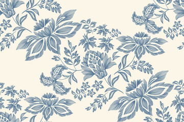 Vintage floral ethnic tapestry modern embroidery texture boho design vector illustration hand drawn silhouette indigo blue flower motif branches leaves wallpaper seamless background border. © Wita Pixs