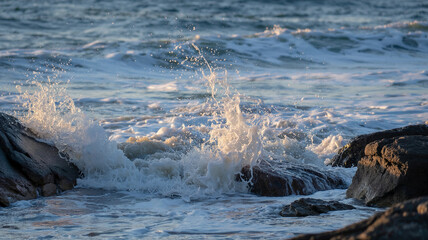 Waves strike rocks and send foam skyward