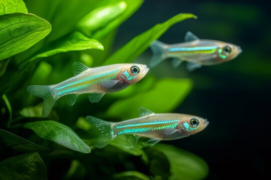 Schooling pseudomugil gertrudae fish swimming among aquatic plants