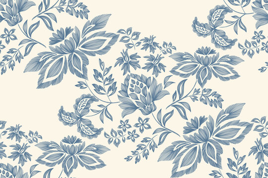 Vintage floral ethnic tapestry modern embroidery texture boho design vector illustration hand drawn silhouette indigo blue flower motif branches leaves wallpaper seamless background border.