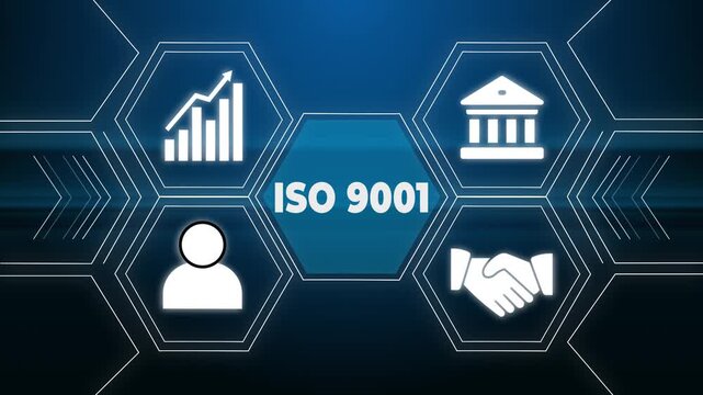 Business professional verifying ISO 9001 compliance with a digital interface.