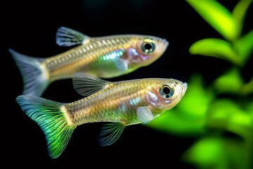 Pair of guppy fish swimming in freshwater aquarium