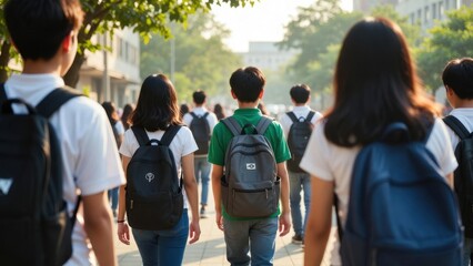 Diverse group of asian teenagers walking to school in morning sunlight