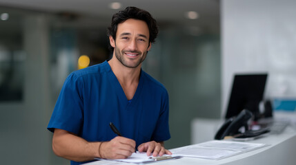 Hyperrealistic commercial stock photo of a 32-year-old mixed ethnicity male medical receptionist in a clean clinic uniform, working at a modern clinic reception desk, talking on a