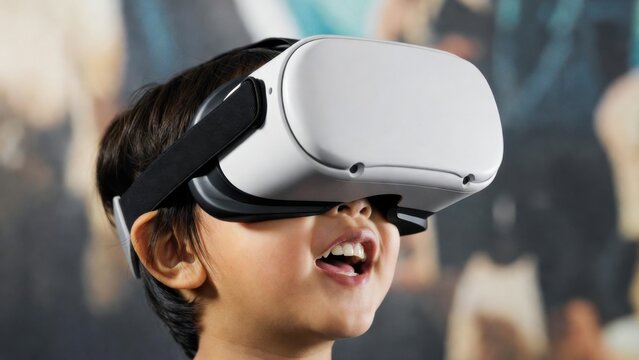 Asian child engaging with virtual reality headset in interactive experience - Powered by Adobe