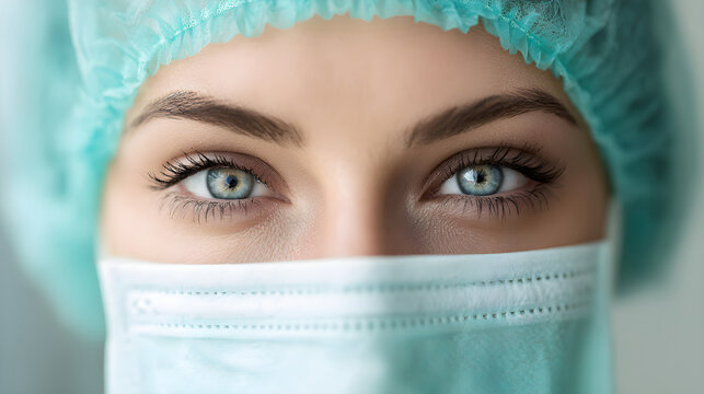 Female surgeon's blue eyes showing focused healthcare expertise