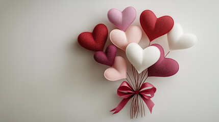 A charming bouquet of colorful hearts in shades of red, pink, and white, tied together with a pink ribbon, perfect for expressing love and affection.