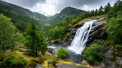 Obraz premium Waterfall cascading down green mountain valley