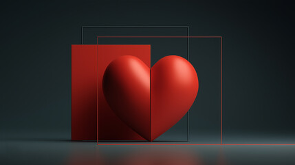 A vibrant red heart stands next to geometric shapes against a dark background, symbolizing love and creativity in modern design.