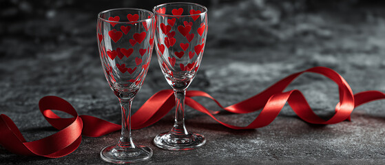 Two elegant glasses adorned with red hearts, accompanied by a flowing red ribbon, create a romantic atmosphere perfect for celebrations.