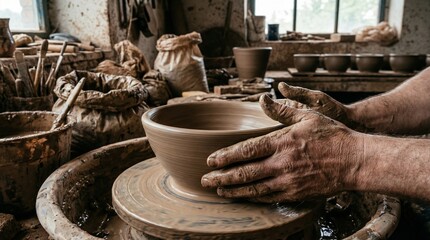 Potter shaping a clay bowl on a spinning pottery wheel in a rustic studio, capturing skilled artisan craftsmanship, hands at work, and the tactile process of handmade ceramics