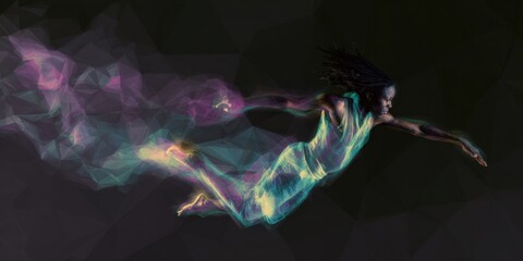 Dynamic abstract portrait of african female adult in futuristic motion