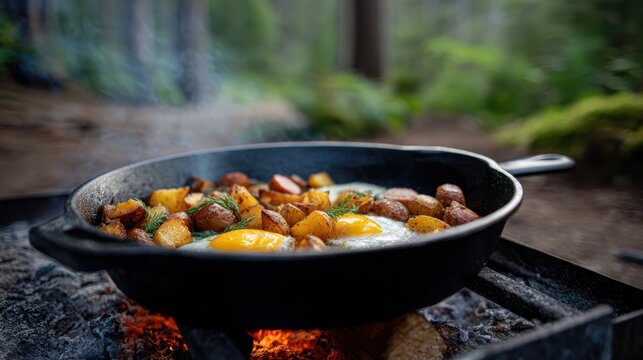 outdoor cooking experience, a rustic scene with sizzling sausages, roasted potatoes, and fried eggs on a campfire grill, set against a forested basecamp at dawn