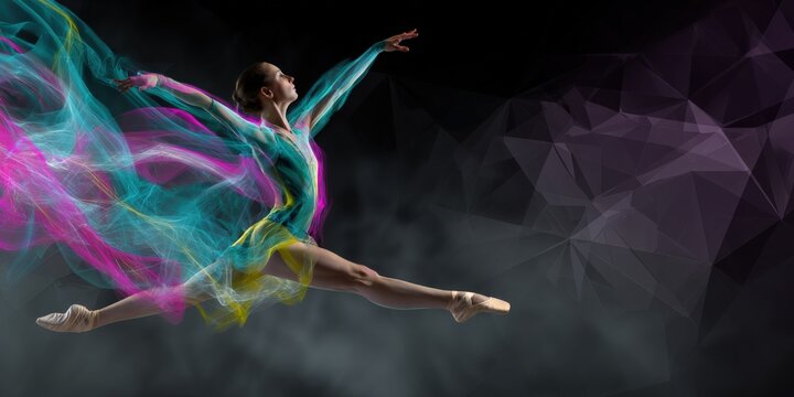 Graceful asian female ballet dancer in colorful motion leap against dark geometric background