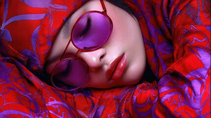 Vibrant Fashion Portrait of a Woman in Red and Purple Fabric with Sunglasses