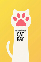 White Cat Paw Print with International Cat Day Text on Yellow