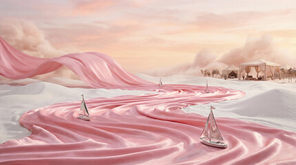 Camel Tents Along Pink Ribbon Stream with Sailboats in Snow Dunes