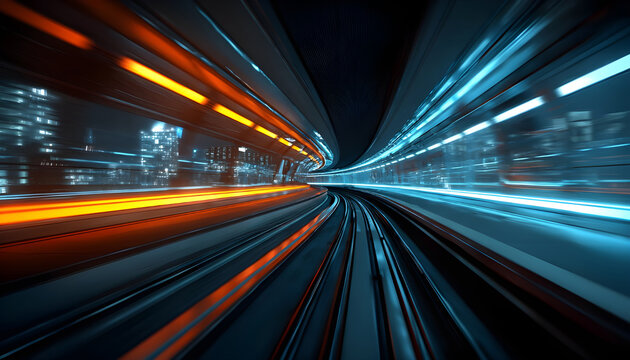 Futuristic subway tunnel speeding along underground railway tracks with bright neon lights and motion blur in a cinematic 3D animation, representing fast urban transportation.