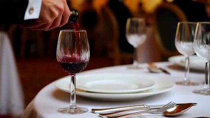 Hand of a sommelier pouring red wine from a bottle into an elegant crystal glass at a luxury restaurant, signifying sophisticated dining and high end service