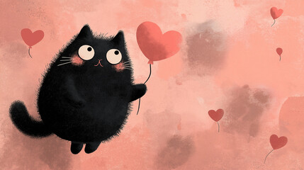 A cute black cat holds a red heart balloon against a soft pink background, surrounded by floating hearts, radiating charm and whimsy.