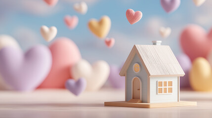 A charming wooden house surrounded by colorful hearts, evoking feelings of love and warmth against a soft blue background.