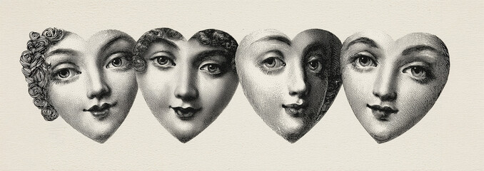 A unique illustration featuring five stylized faces resembling hearts, showcasing intricate linework and diverse expressions against a textured background.