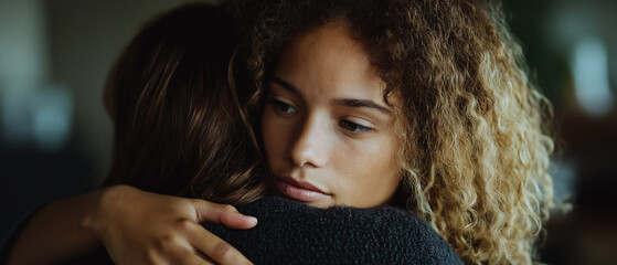 Two women embrace in a heartfelt moment, showcasing tenderness and emotional connection amidst a softly blurred background.